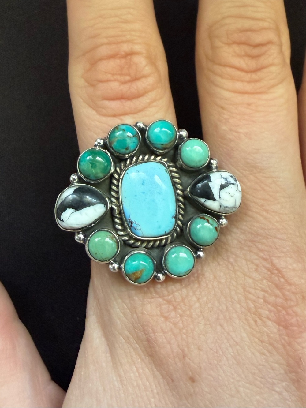 Turquoise cluster ring. .925 sterling silver. Handmade, adjustable size.